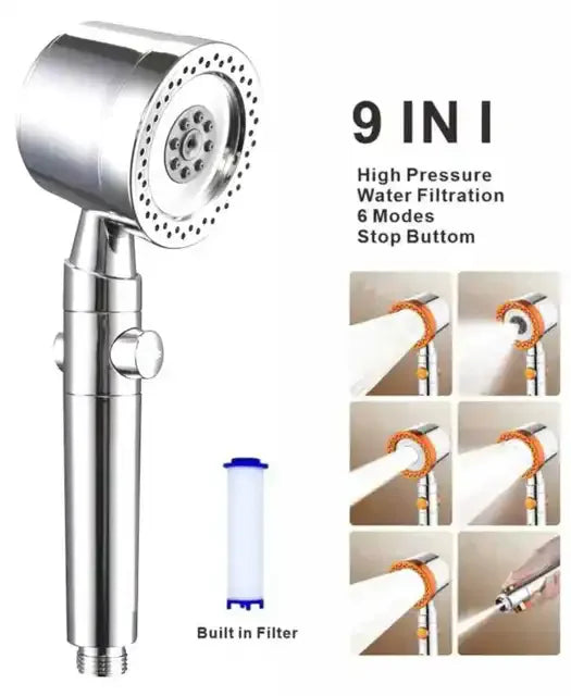 New 5 Mode Pressurized Shower Head With Filter Stop Button Water Saving Spray Nozzles Big Boost Showerhead Bathroom Accessories Oasis Select Silver Shower