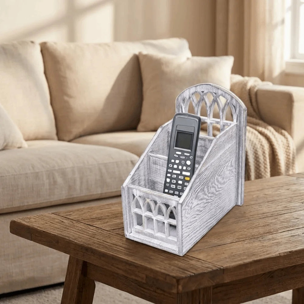3-Grid Wooden Remote Control Holder | Vintage Desktop Organizer
