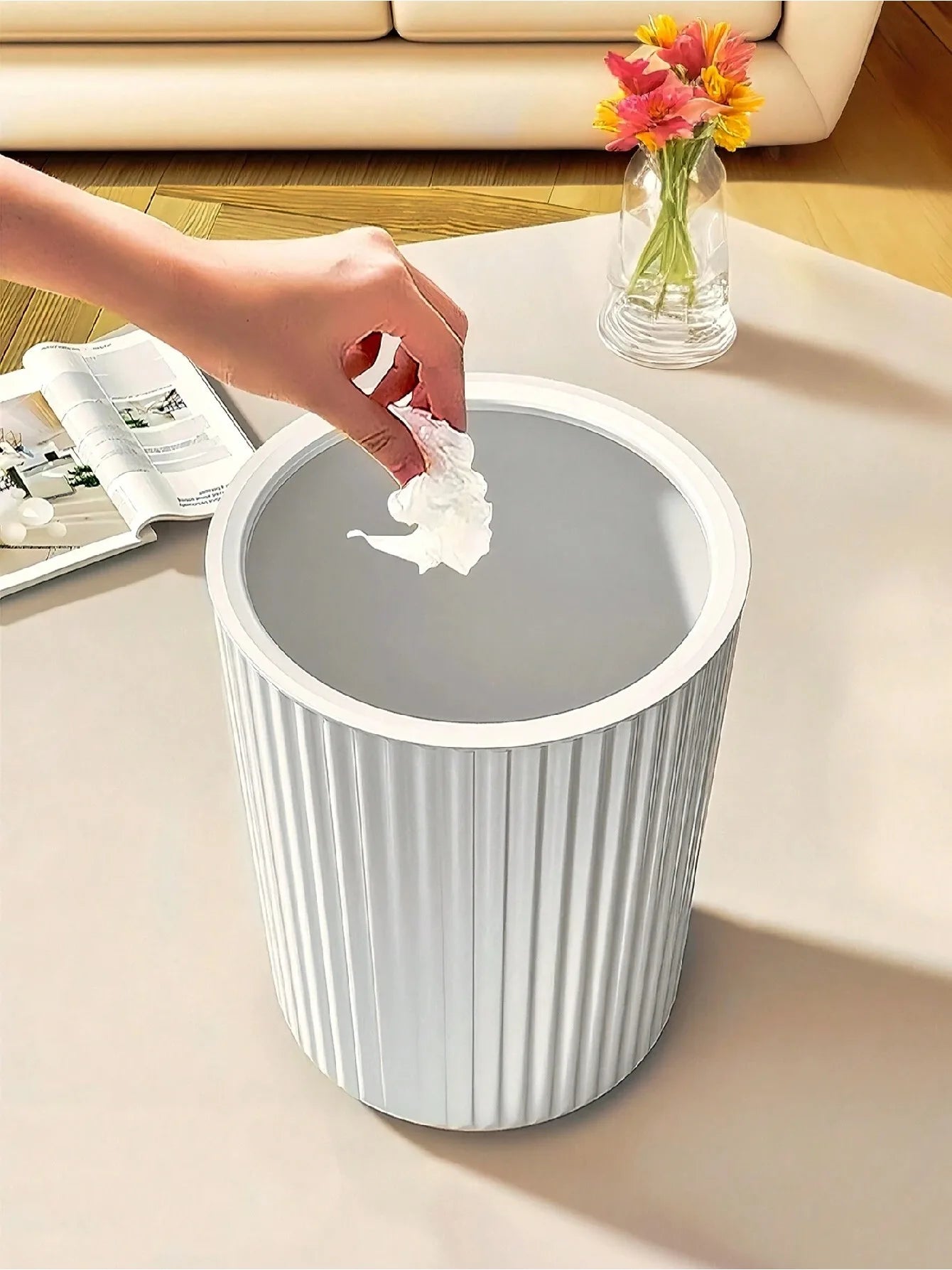 1pc Simple Striped Trash Can, Paper Basket Bin For Bedroom, Living Room, Bathroom, Waste Management Container Oasis Select