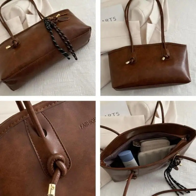 Retro PU Leather Tote Bag – Large Capacity & Charm Pendant