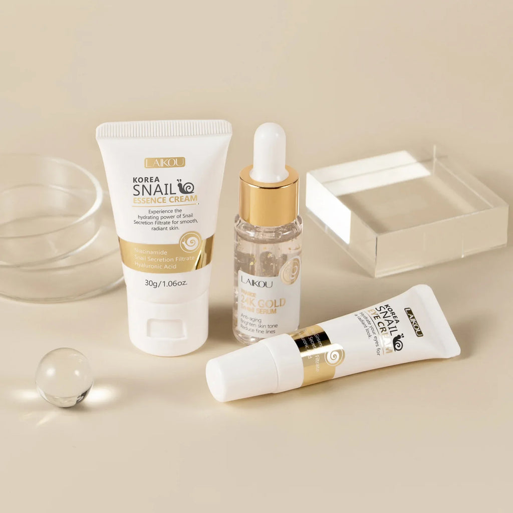 24K Gold Snail Repair Serum Eye Cream Essence Set Moisturizes Smooths Fine Lines Minimizes Pores Luxury Skincare Oasis Select