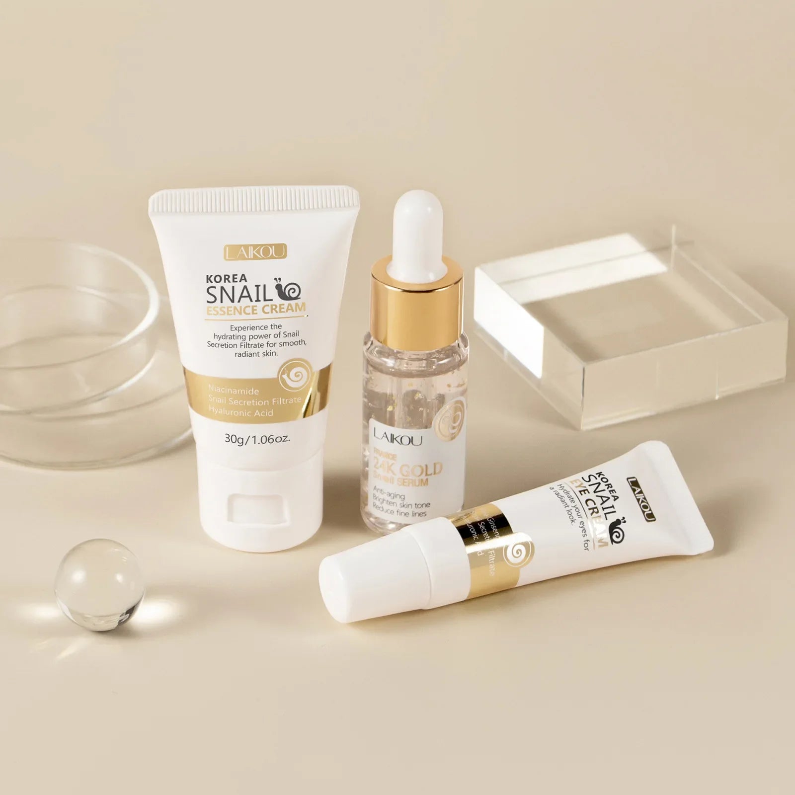 24K Gold Snail Repair Serum Eye Cream Essence Set Moisturizes Smooths Fine Lines Minimizes Pores Luxury Skincare Oasis Select