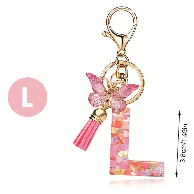 1pc Pink Glitter Letter Keychain with Heart Butterfly Tassel Crystal Resin Charm Fashion Accessory Gift for Women & Girls Oasis Select L