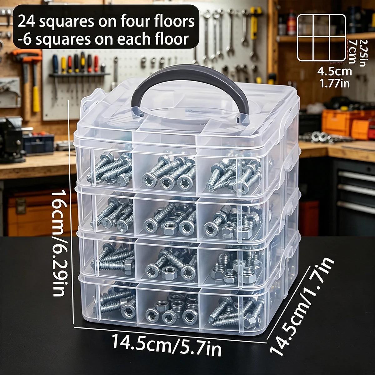 1pc Stackable Plastic Hardware Storage Box, Multi-Layer Screw Bolt Parts Sorting Box Portable Handheld Desktop Parts Storage Box Oasis Select 4ayers-transparent