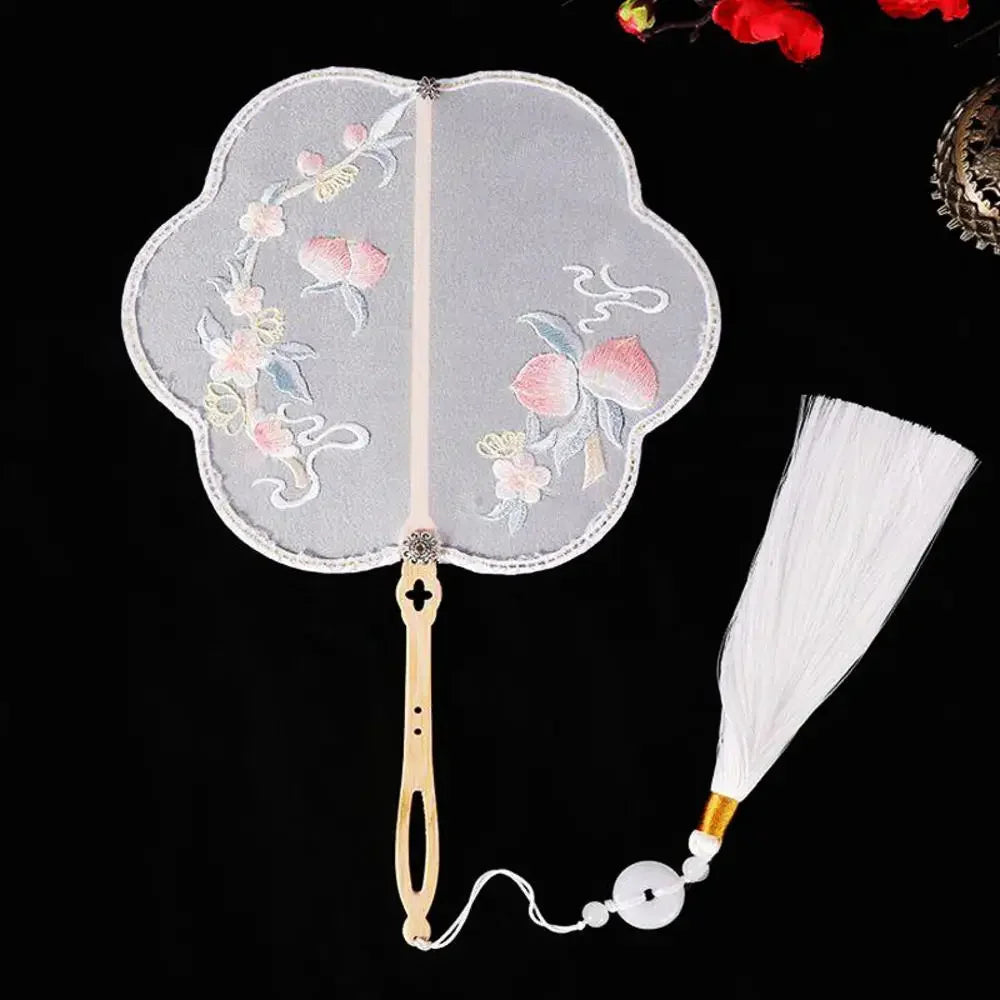 China Fan Wholesale Semi-Transparent Long Handle Tassel Dance Fan Female Costume Hanfu Cheongsam Embroidery Small Round Fan Oasis Select 06