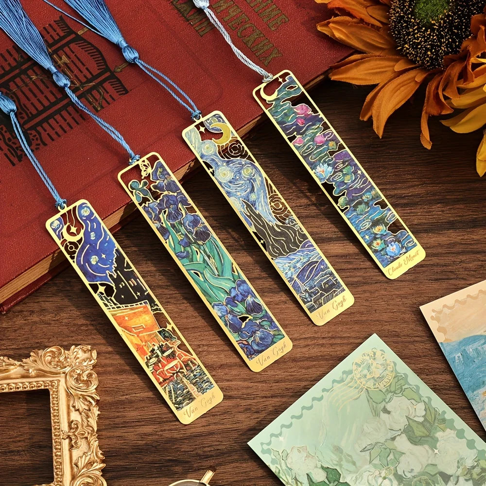 Vintage Oil Painting Metal Bookmarks - Hollow Hot Stamping Long Tassel Bookmarks - Stationery Gifts for Book Clubs, Book Lovers, Oasis Select
