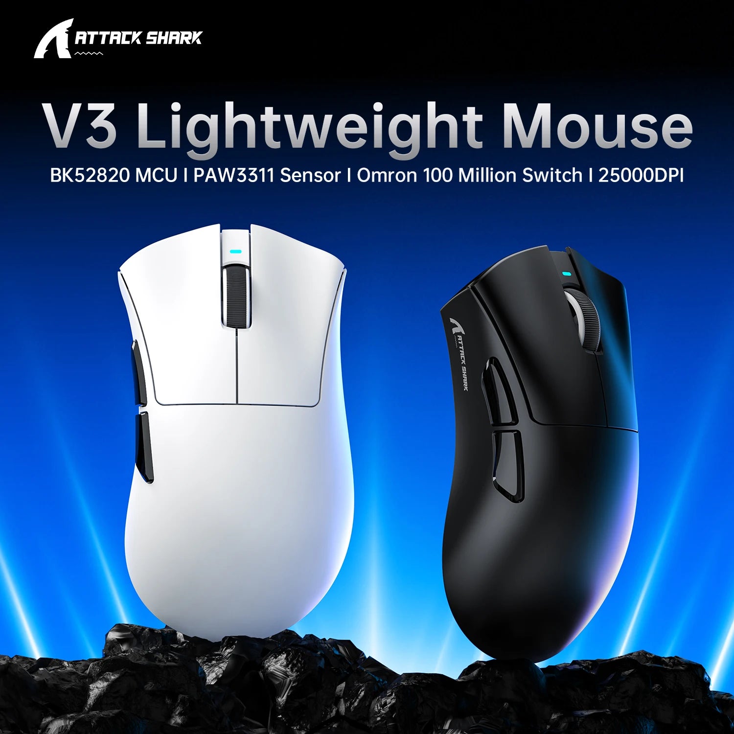 Attack Shark V3 Gaming Mouse Bluetooth Wireless, Tri-Mode, PAW3311&25000 DPI, 1KHz Polling Rate,Lightweight 65g, 500mAh Battery Oasis Select
