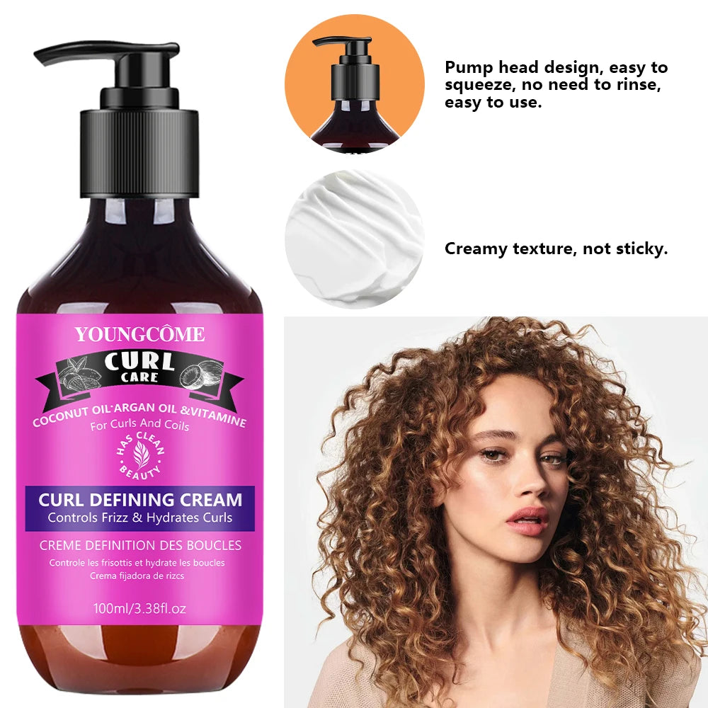 YOUNGCOME CURLCARE Coconut Argan Oil Curl Defining Cream, Control Hydrating Styling Cream for Curly & Coily Hair 100ML Oasis Select