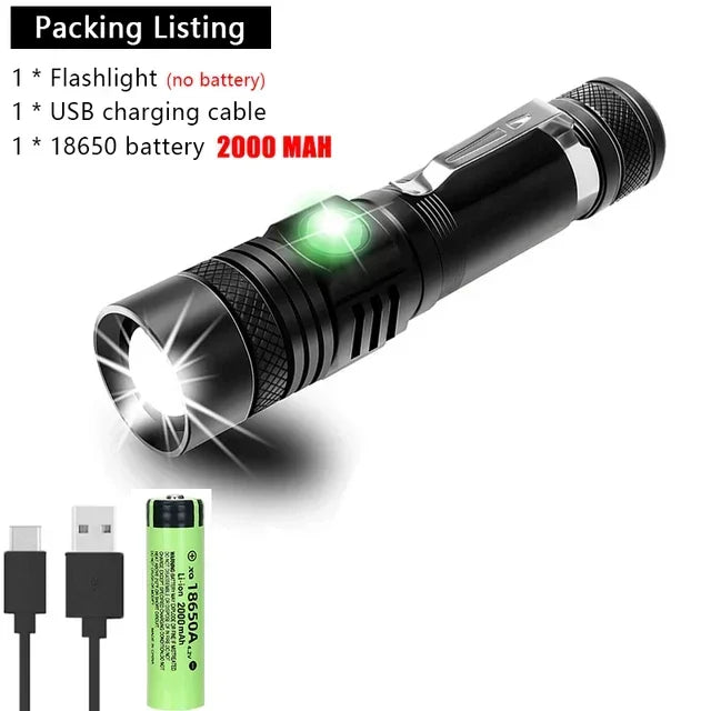 High Power Led Flashlights Zoomable Camping Torch With T6 LED Lamp Beads Waterproof 4 Lighting Modes Multi Function USB Charger Oasis Select U518 1PC with Battey
