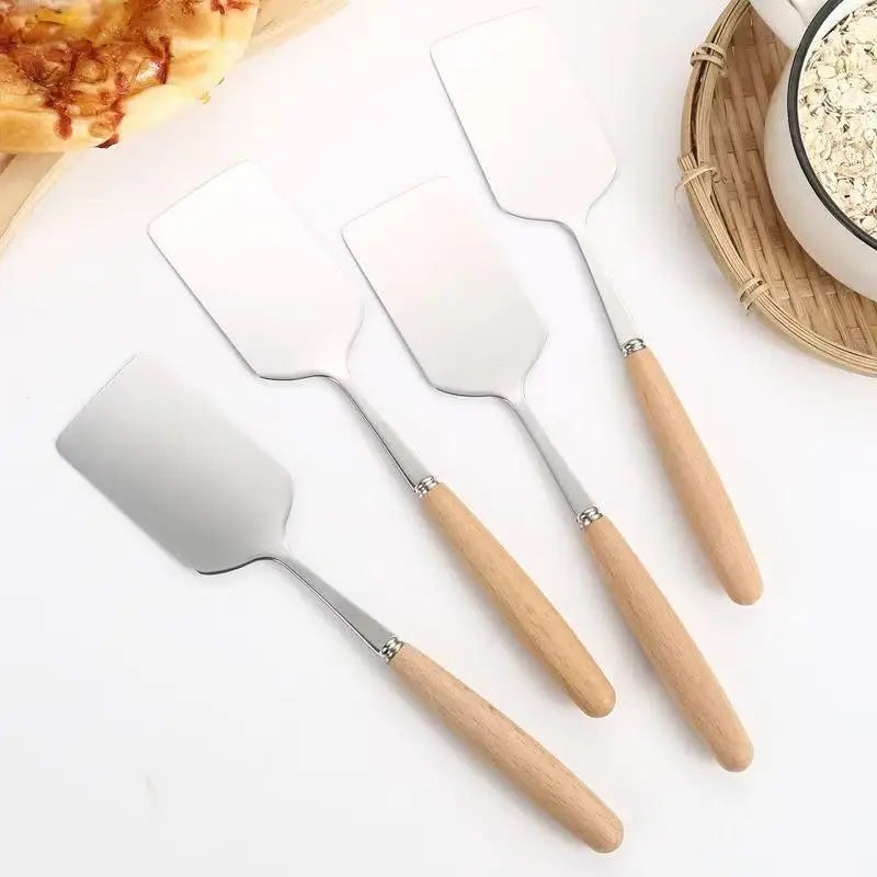 Stainless Steel Square Head Steak Cooking Spatula Wood Handle Pizza Shovel Pancake Beef Scraper BBQ Utensils For Kitchen Oasis Select