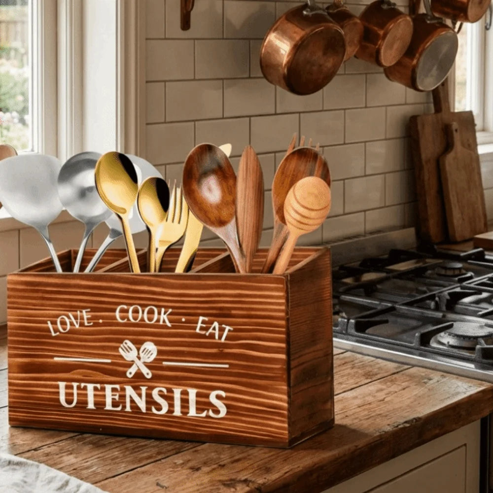 Wooden Utensil Holder – 3-Compartment Cutlery Organizer