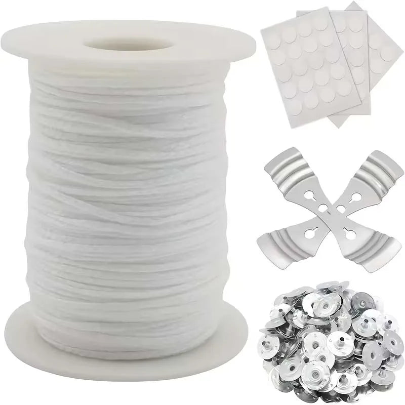 1Roll Cotton Candle Wick Roll,2 Metal Holders,60 Stickers 100Pcs Metal Candle Wick Sustainer Tabs for DIY Craft Candle Making Oasis Select