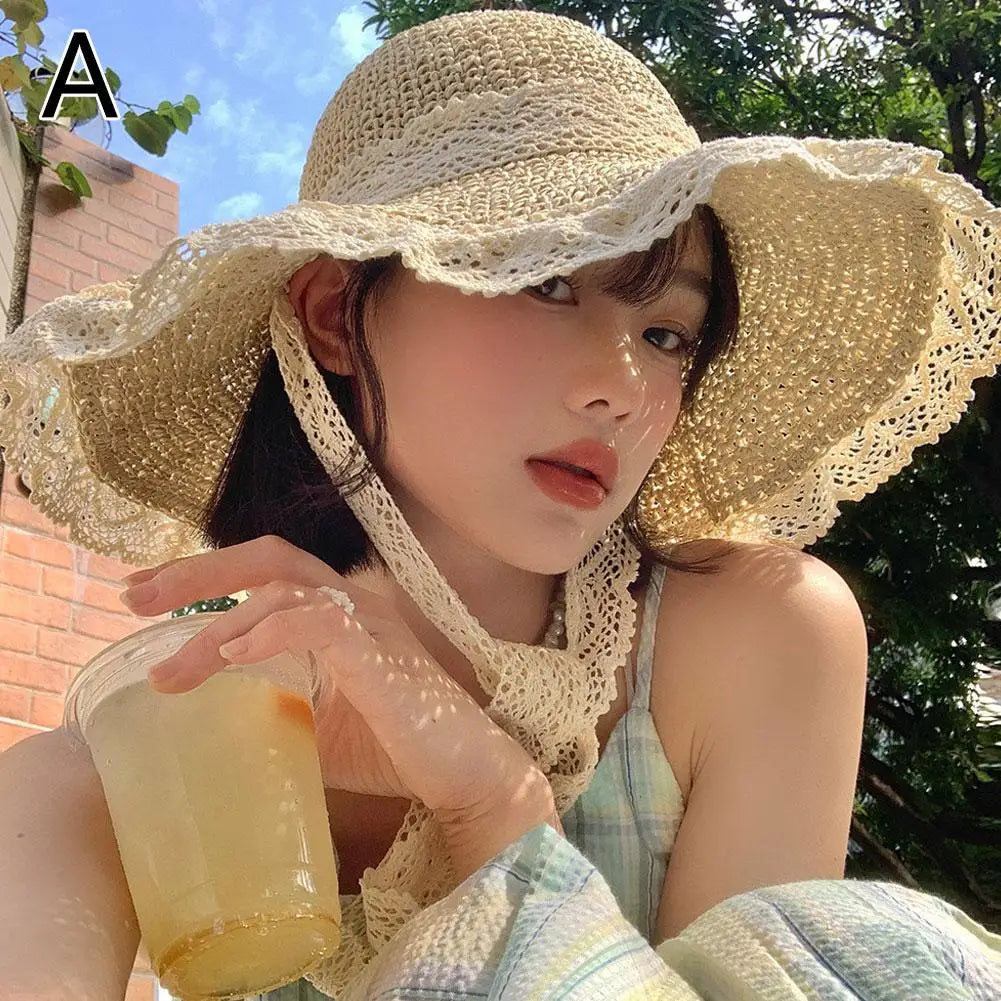 Women's Wide Brim Straw Sun Hat – Lace Beach UV Protection