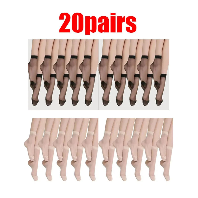 10/20/30pairs Skin Socks Women Sexy Ultrathin Stockings Female Transparent Nylon Crystal Short Ankle Sock Non-Slip Silk Socks Oasis Select 20pairs mix One Size