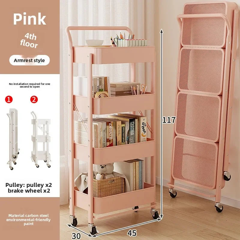 Multi-functional trolley rack household folding multi-layer carbon steel storage rack Oasis Select Pink D