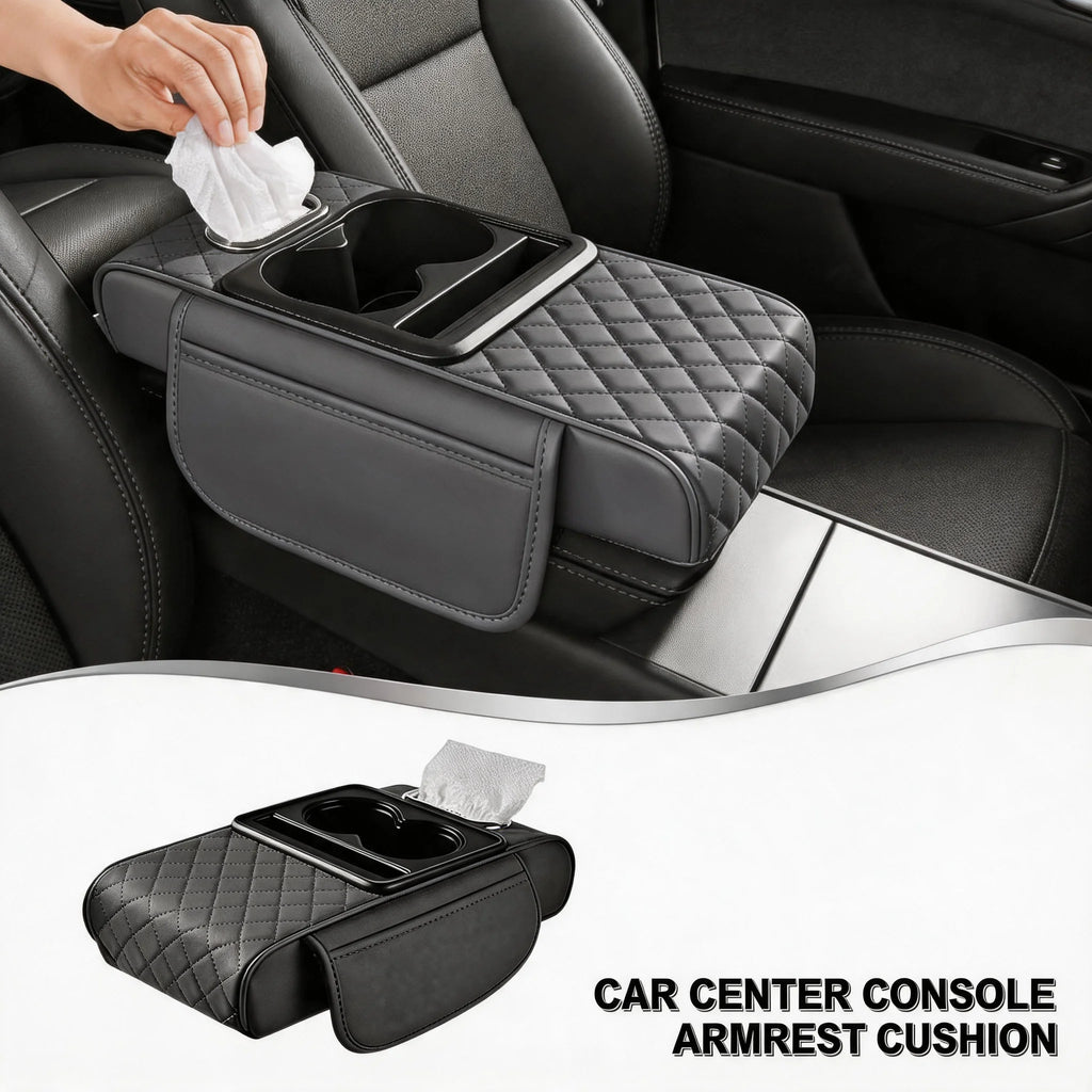 Universal PU Leather Car Center Console Armrest Cushion Durable Thick Memory Cotton Cup Holder Tissue Box Elbow Support Pro Pad Oasis Select