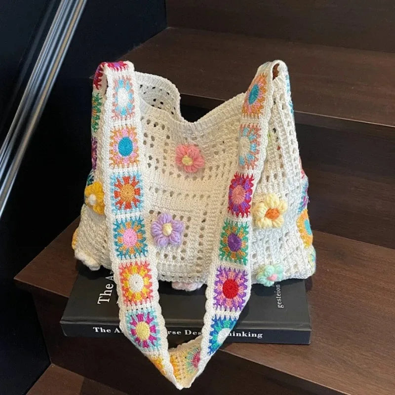 Women's Boho Crochet Bag Designer Flowers Knitted Handbags Large Capacity Summer Beach Woven Shoulder Bag Girls Tote Shopper Bag Oasis Select