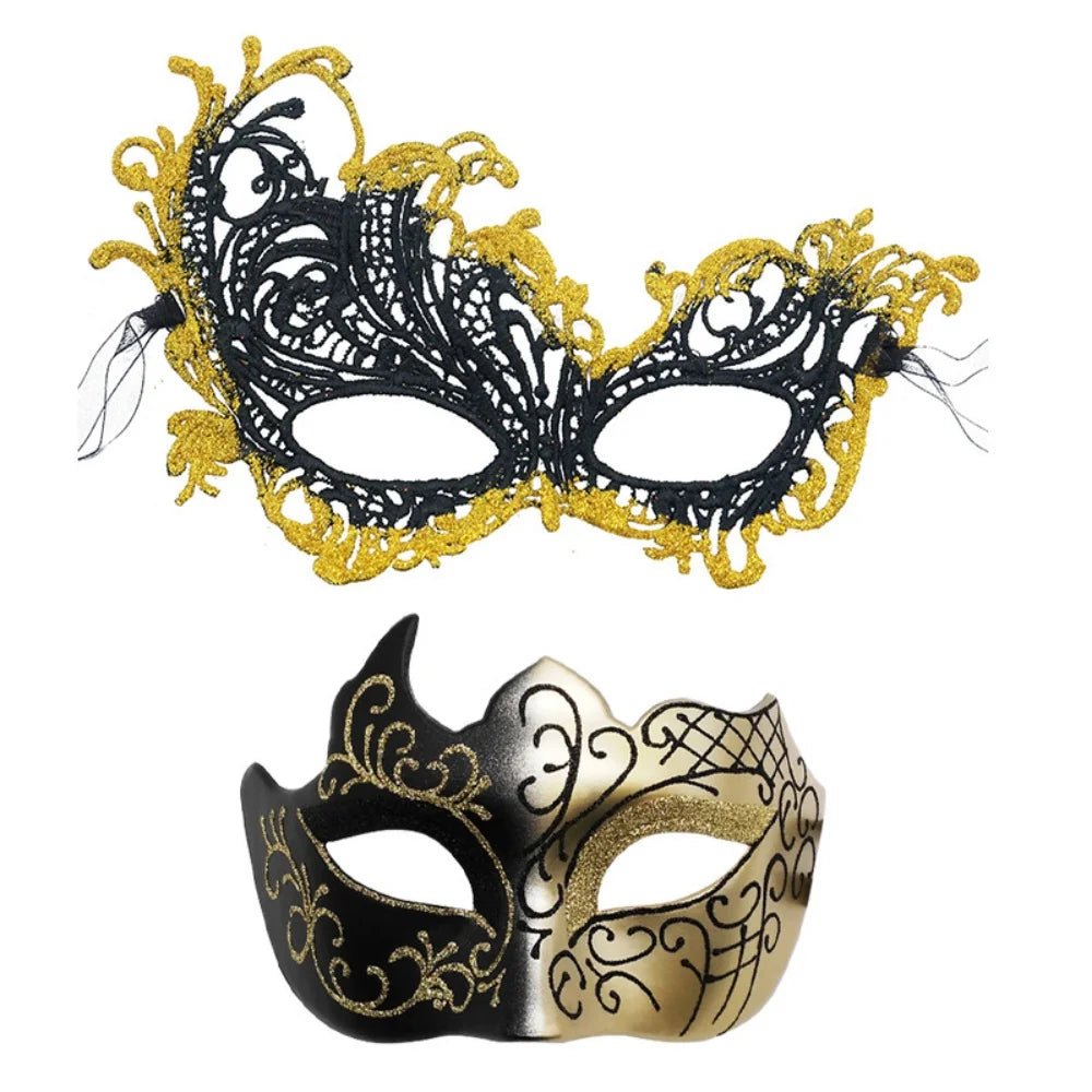 2PCS/set Couple Masks Lace Women Mask Men Painted Half Face Mask Eye Mask Set Party Masquerade Wedding Decoration Costume Prom Oasis Select Gold 2