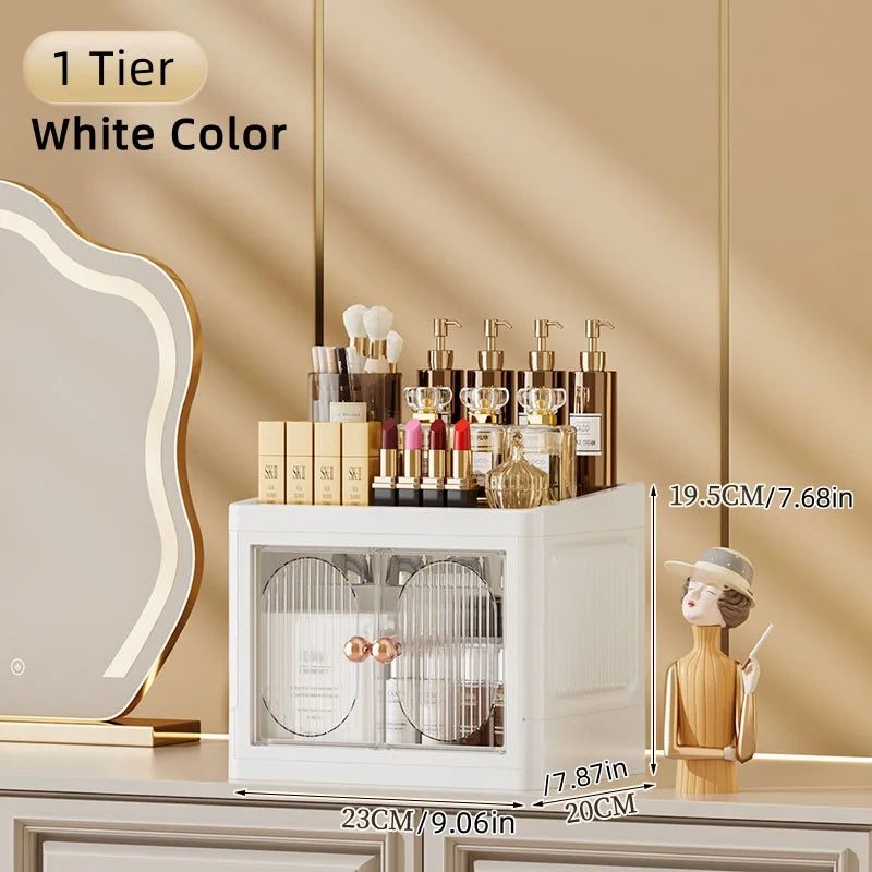 Foldable Desktop Makeup Organizer Multi-Layer Storage Cabinet Large Capacity for Cosmetics Toiletries Books Oasis Select 1 Layer White