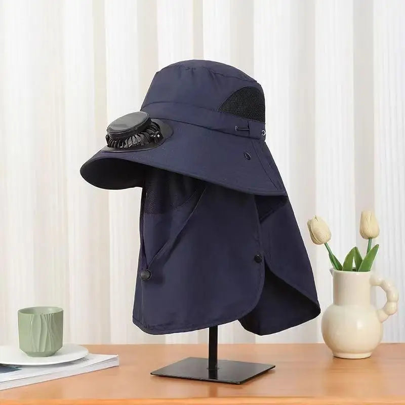 Men Solar Fan Wide Brim Fishing Hat with Shawl, USB Rechargeable UV Protection Outdoor Sun Hat Oasis Select navy blue