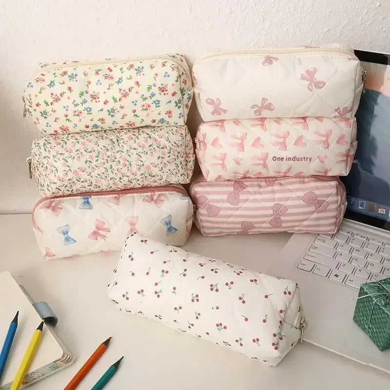 Sweet Cute Bow Floral Cherry Pencil Case Portable Large Capacity Student Stationery Storage Bag Pen Bag Girly Cosmetic Bag Gifts Oasis Select