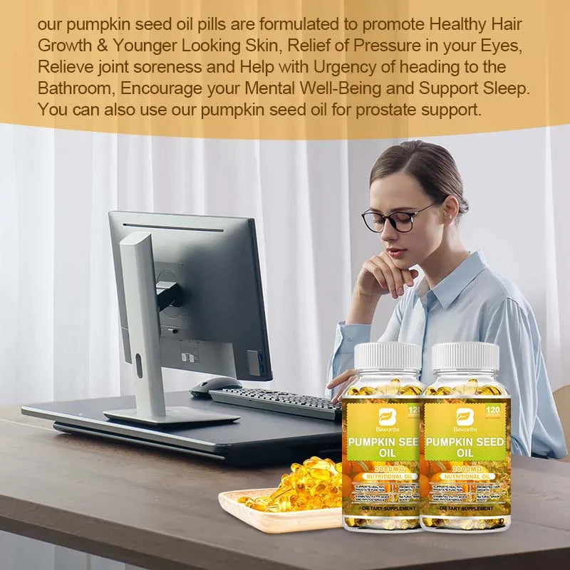 BEWORTHS 2000MG Pumpkin Seed Oil Capsules for Prostate Urinary Function & Cardiovascular Health Hair Growth Boost Metabolism Oasis Select