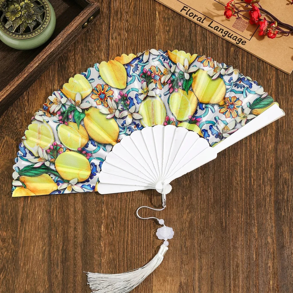 Portable Fruit Pattern Folding Hand Fan Plastic Frame Fabric Fan With Tassel Summer Cooling Fans Dance Performance Home Decor Oasis Select 10