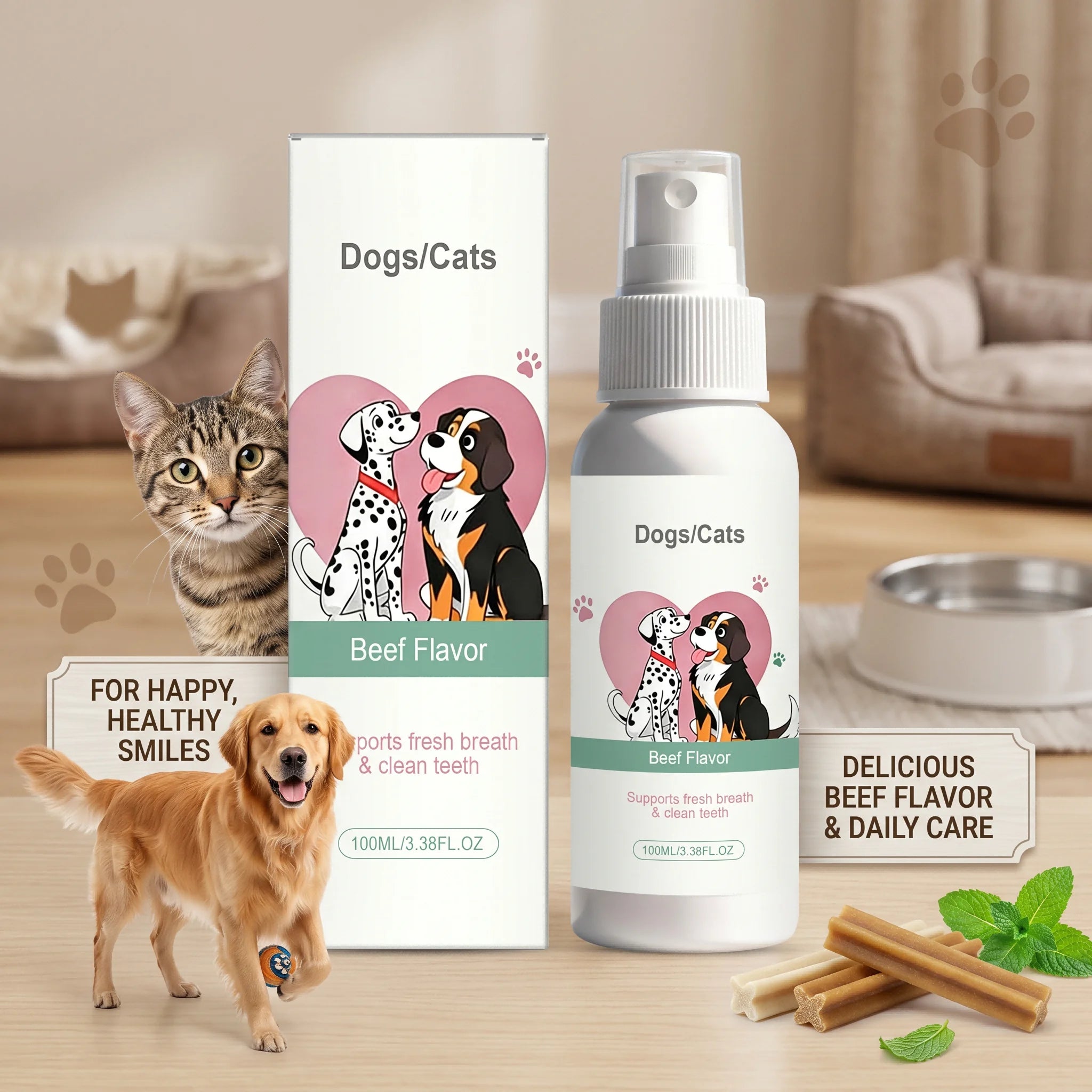 Pet Dental Spray Beef Flavor Breath Freshener Reduces Plaque and Tartar Removes Odor Eliminating Spray for Dogs & Cats Gum Care Oasis Select