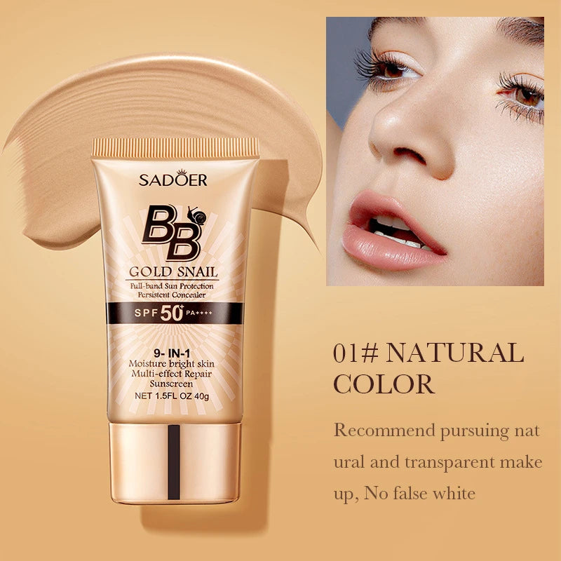 SADOER Gold Snail Sunscreen BB Cream Foundation Concealer Moisturizing Isolation Cream SPF50+PA+++ 40g Oasis Select 01 Natural color
