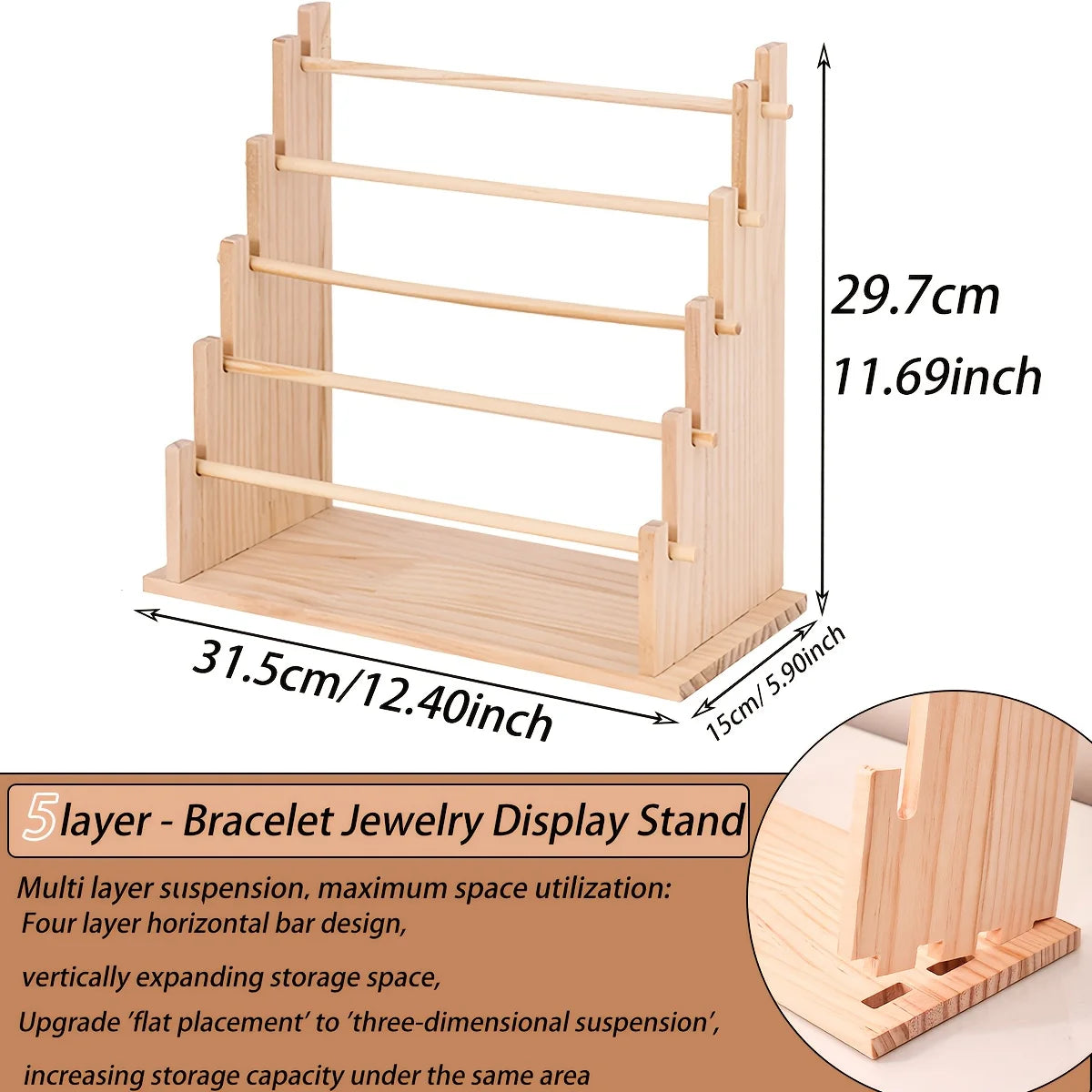 1pc Multi-Functional Wooden Bracelet Tiered Display Stand Head Hairband Jewelry Hanging Rack Bracelet Display Prop Festive Gift Oasis Select yellow-5layer