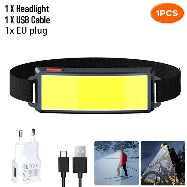 USB Rechargeable COB LED Headlamp Built-in Battery Super Bright Head Flashlight Outdoor Waterproof Camping Fishing Headlight Oasis Select StyleA With plug