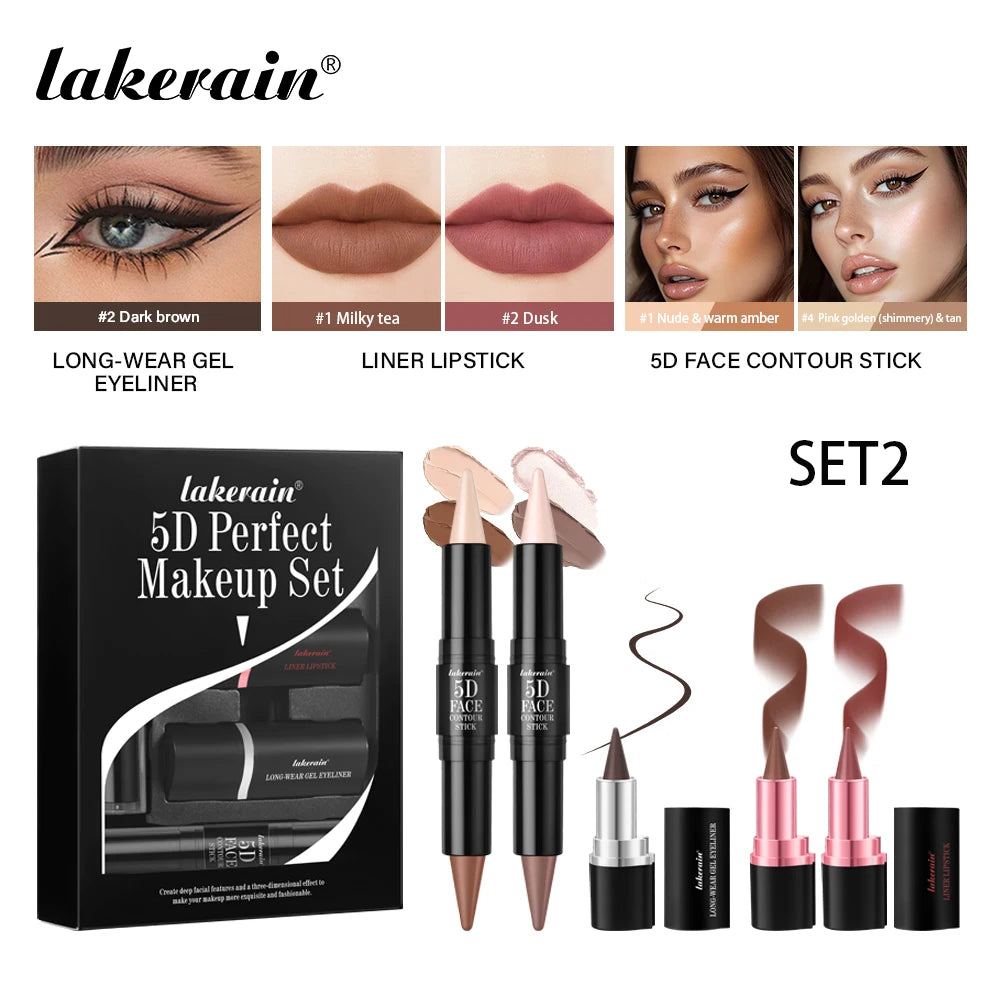 5pcs Perfect Makeup Set With Contouring Stick Eyeliner And Lipstick Easy Coloring Sweatproof Long Lasting Daily Makeup Set Oasis Select set 2