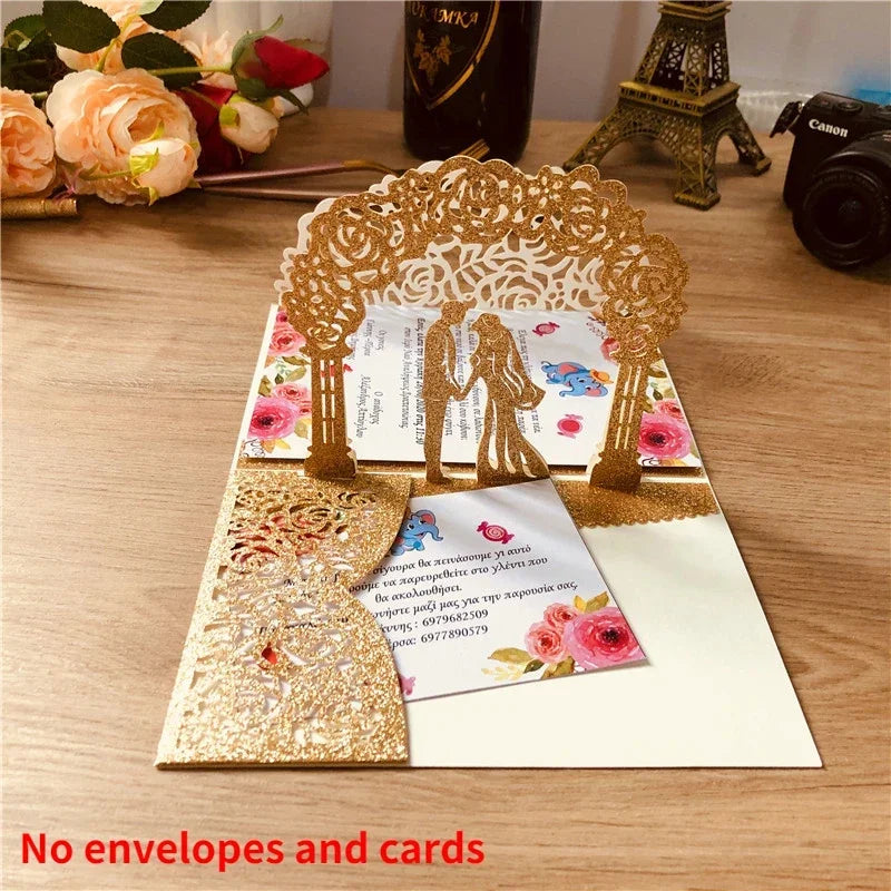 3D Bride and Groom Rose Gold Pop Up Wedding Invitations Laser Cut Greeting Cards Envelope Bridal Shower Invitation Cards Oasis Select Glitter-Rose Gold