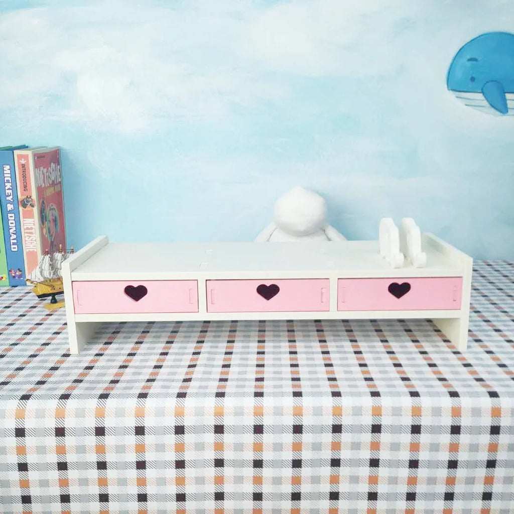 Monitor Stand with Drawer & Desk Storage Rack | White & Pink