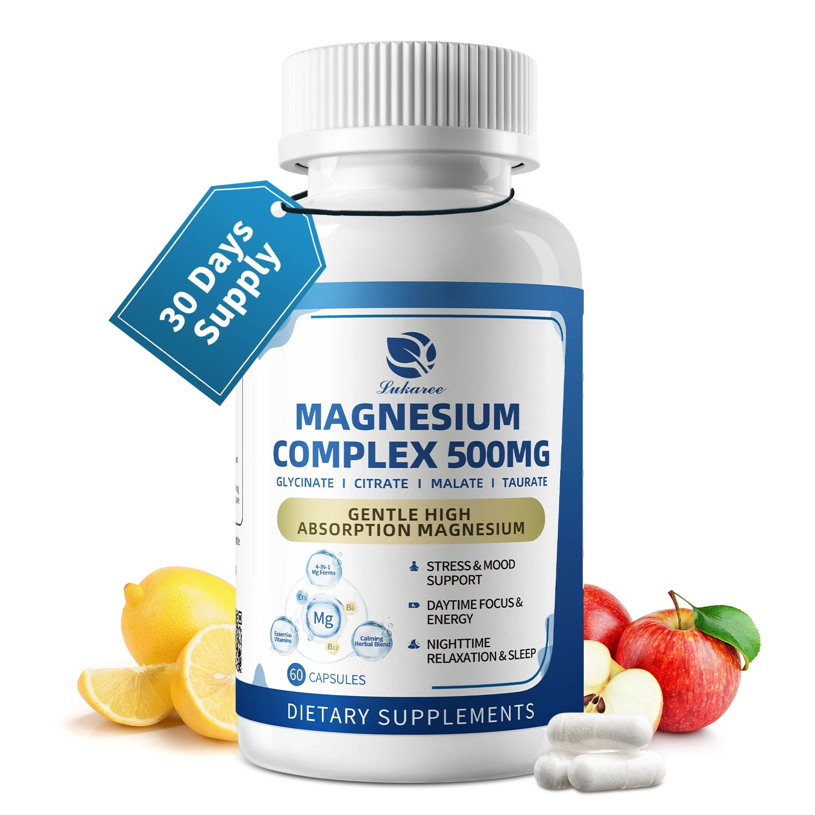 Lukaree Magnesium Complex Supplement 500mg,Malate,Taurate,Citrate Complex High Absorption Chelated Non-GMO for Rest,Energy,Mood Oasis Select 2bottles 2bottles United States