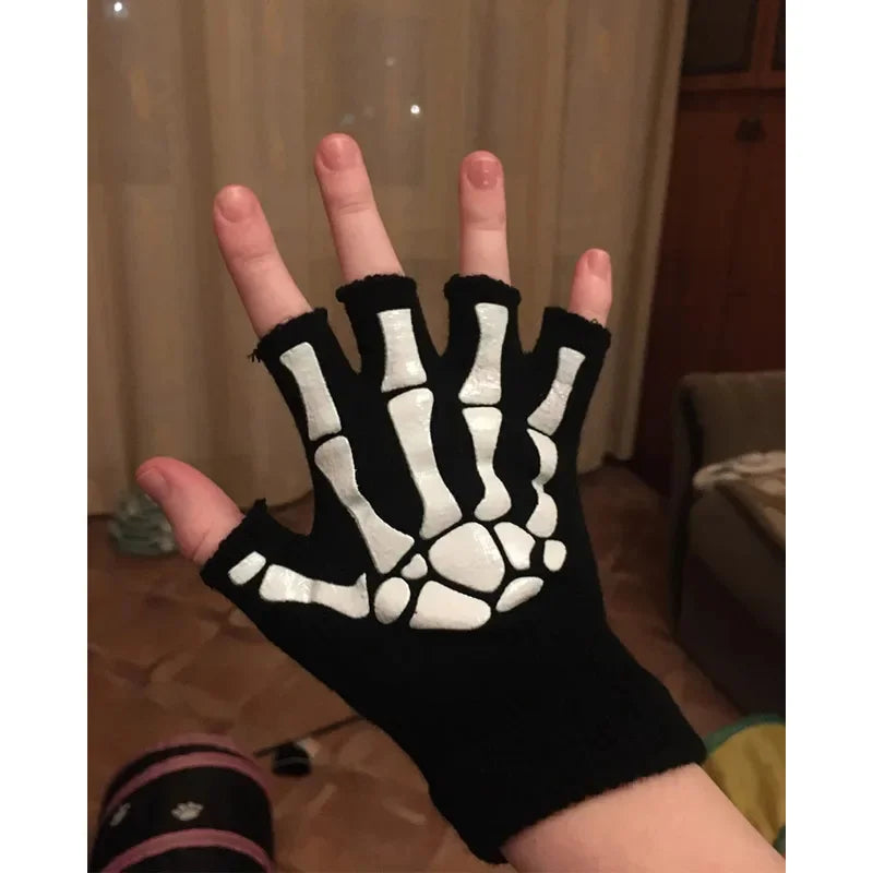 1/3/6Pairs Unisex Adult Halloween Skeleton Skull Half Finger Gloves Glow In The Dark Fingerless Stretch Knitted Winter Mittens Oasis Select