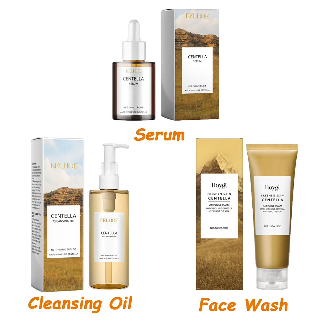 Centella Skin Care Set Centella Serum Face Wash Cleansing Oil Facial Care Set Soothing Refreshing Smooth Glowing Face Essence Oasis Select 3 IN1