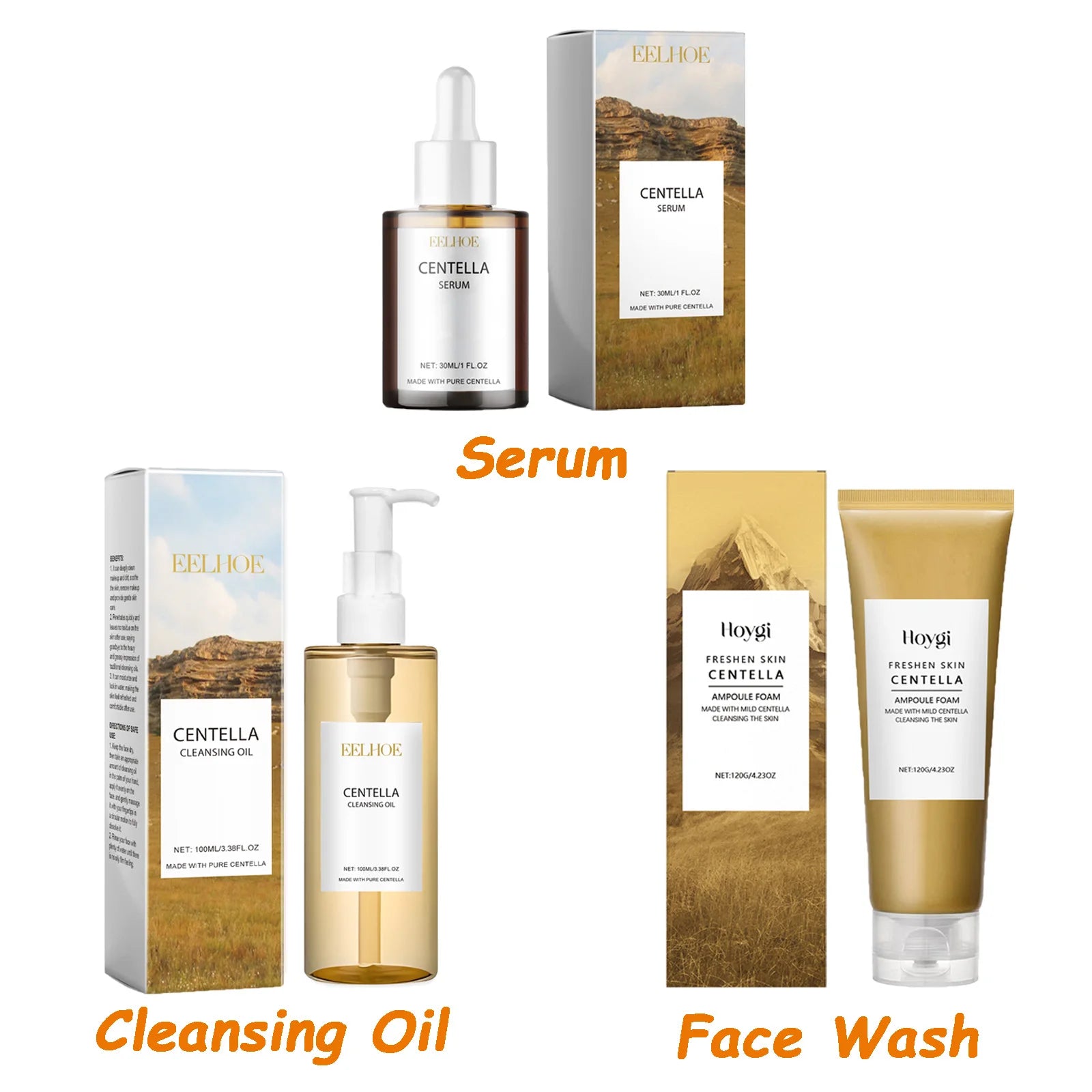 Centella Skin Care Set Centella Serum Face Wash Cleansing Oil Facial Care Set Soothing Refreshing Smooth Glowing Face Essence Oasis Select 3 IN1