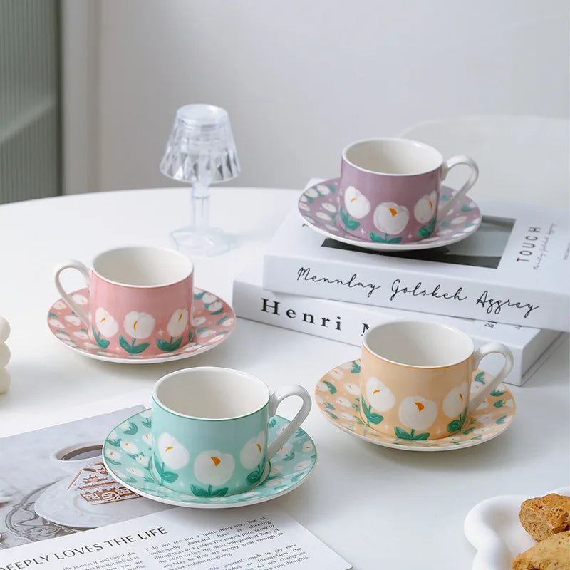 Ins Style Hand-Painted Tulip Ceramic Coffee Mug & Saucer Plate Set, for Breakfast Milk Drink Afternoon Tea Home Tableware Oasis Select