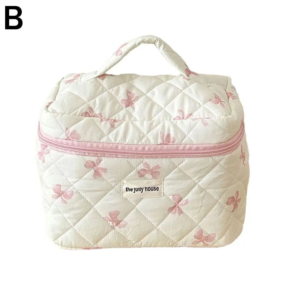 Quilted Makeup Bag 3 Sizes Floral Toiletry Cosmetic Pouch Makeup Organizer Travel Floral Bag for Bridesmaid Gifts, Daily Use Oasis Select pink-L