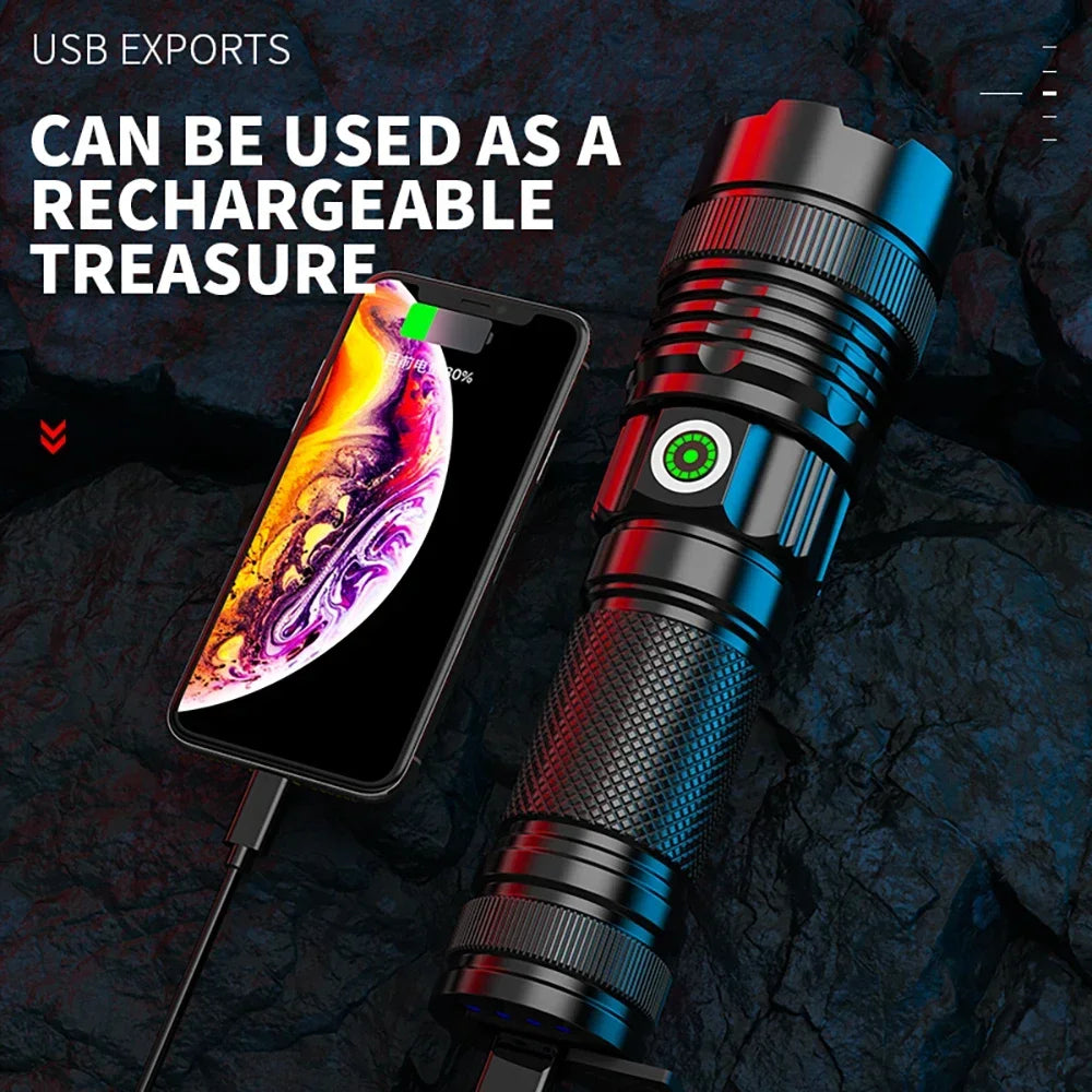 100000 Lumen Super Bright Spotlight Long Range LED Flashlight Built-in Battery USB Charging Waterproof Portable Camping Torch Oasis Select