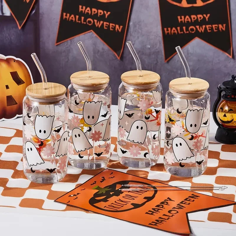 Halloween Drinking Cup with Lid and Straw 18.7oz/550ml Canned Glass Cup Cute Kawaii Coffee Cup Juice Water Cup Milk Oasis Select