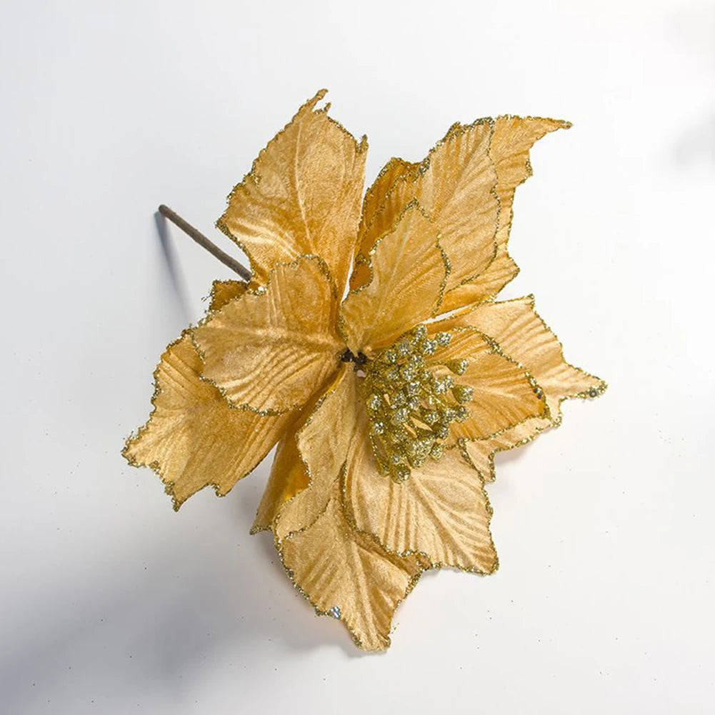 28cm Artificial Flower Simulation Christmas Poinsettia Fake Glitter Flower Hanging Xmas Tree Pendant Ornament Party Home Decor Oasis Select Yellow China Mainland