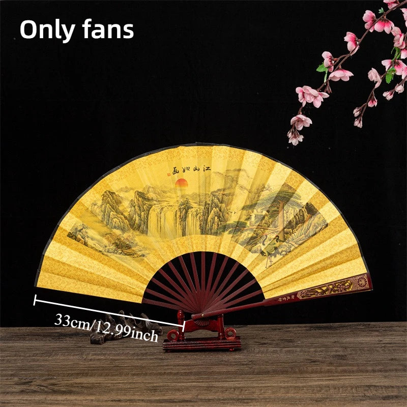 Premium Chinese Style Folding Fan Head Bamboo Double-Sided Silk Fabric Intricate Carved & Hollow Men's Fan Oasis Select 10inch jiangshan