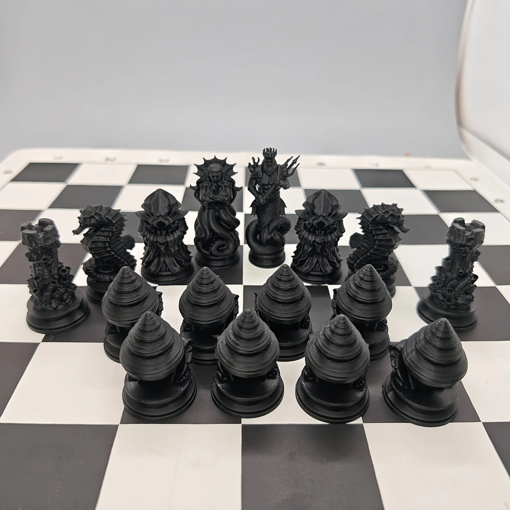 16PCS Ocean Myth Chess Figurines 3D Printed Deep Sea Theme Chess Set Coral Sculpture Tabletop Game Decor Desk Art Ornament Oasis Select Black