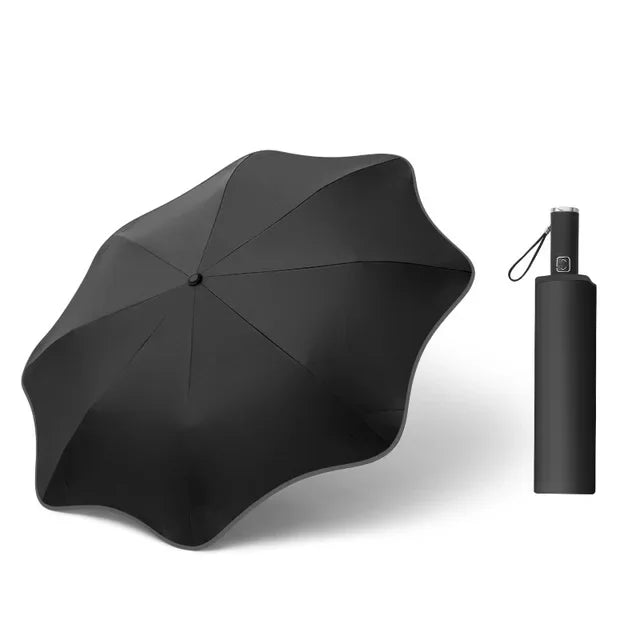 Creative Three Fold Automatic Round Corner Reflective Umbrella Wrapped Edge Sunny Rain Dual Use Vinyl Umbrella Oasis Select black 8K metal-fiber composite