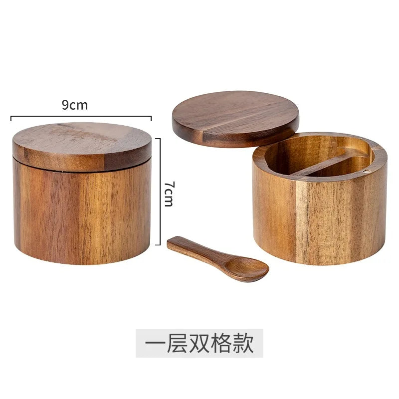 Wooden Salt Cellar with Spoon Kitchen Salt Box Pepper Jar with Swivel Closure Lid Round Container To Condiment Spice Container Oasis Select 1Layer-2grid