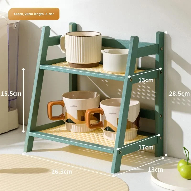 Multi-functional ins medieval rattan cream double-layer desktop rack dormitory bedroom office kitchen cup holder finishing rack Oasis Select