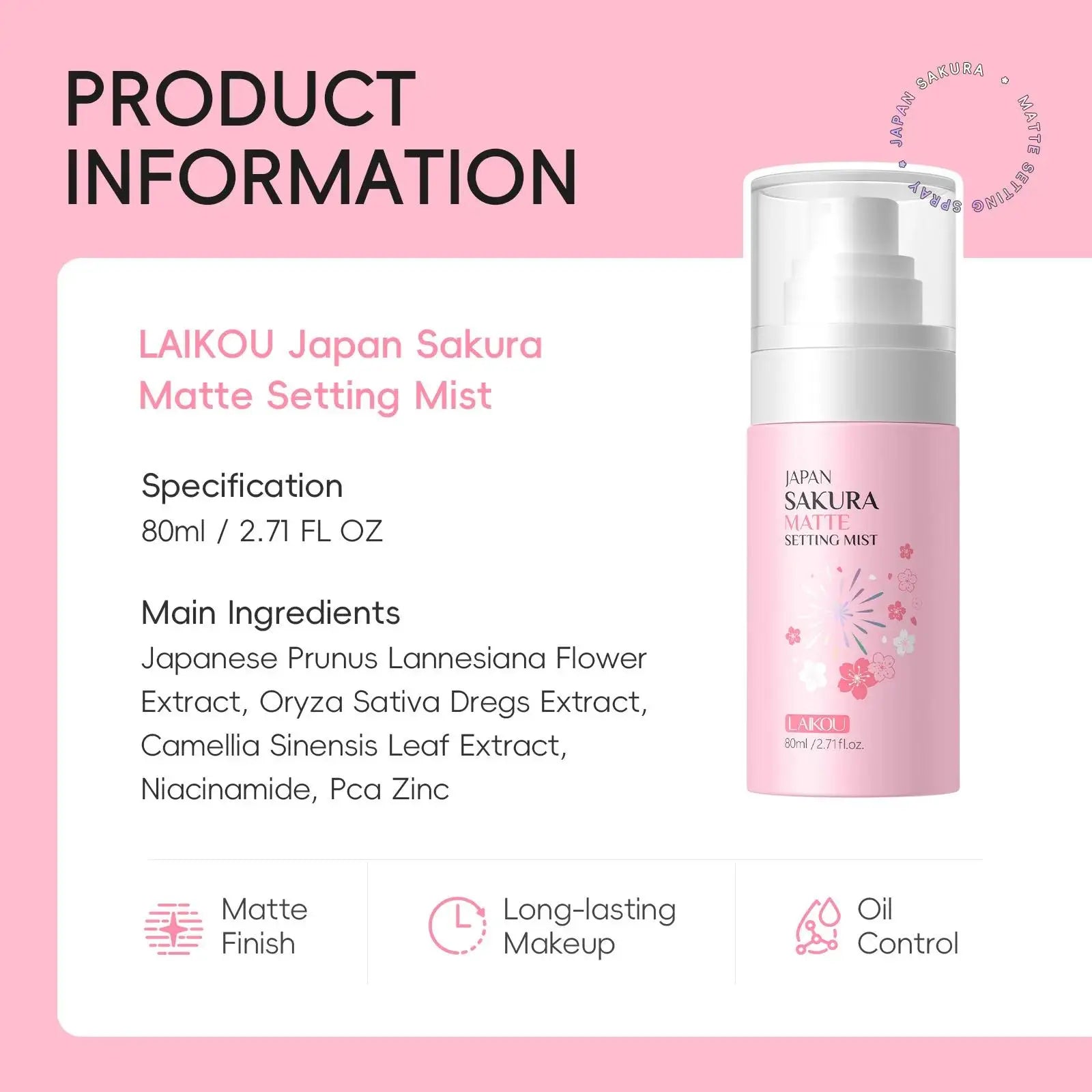 LAIKOU Sakura Matte Makeup Setting Spray Oil Control 80ml