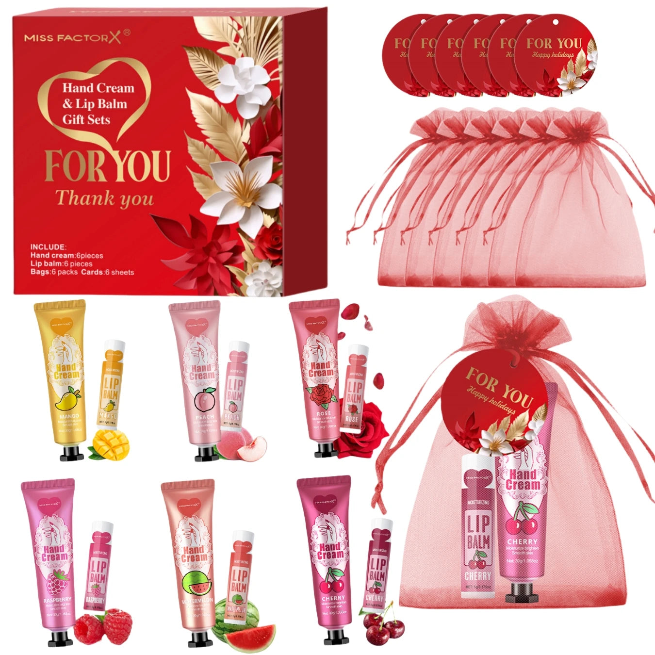 24PCS/box lip balm in bulk, hand cream in bulk thank you card and red gauze bag, wedding gift to guests, Christmas and New Year Oasis Select